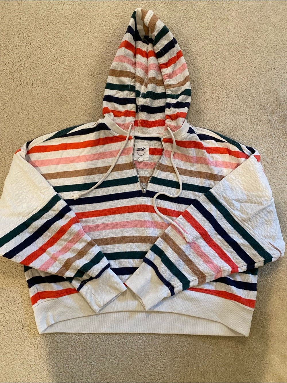 aerie Striped Hooded Pullover in White, Navy & Green